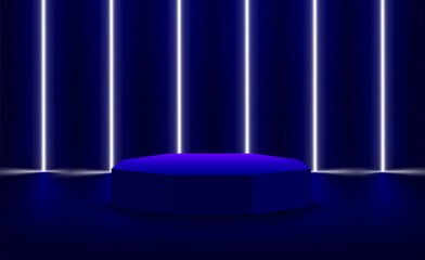 Poster - illuminated interior with neon lights and podium. 3d vector illustration