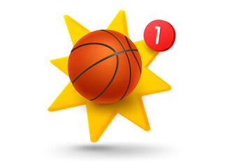 Poster - Bastetball ball with explosion effect. 3d vector mobile application icon with notification