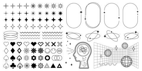  Collection of Y2K graphic elements, frames and design objects. Retro vector black and white graphics.