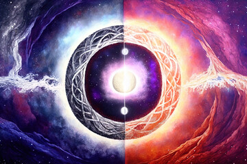Wall Mural - Yin yang symbol with yin yang, creation of life, esoteric and spiritual fractal background. Concept of vision and universe. Generative AI.