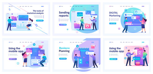 Aufkleber - Collection of business landing pages. Men and women manage business processes, planning, digital marketing, strategies. Flat Cartoon characters