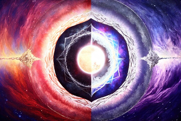 Wall Mural - yin yang symbol with yin yang, creation of life, esoteric and spiritual fractal background. concept 