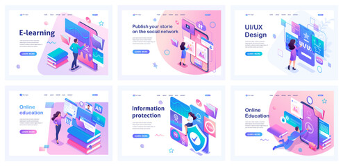 Collection of online training landing pages. People study remotely, courses, university, books. Isometric characters