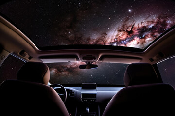 Wall Mural - car interior with galaxy and nebula background, first person view. vehicle in space for futuristic t