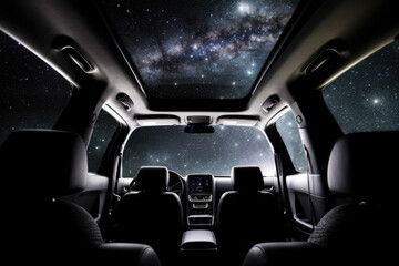 Wall Mural - car interior with galaxy and nebula background, first person view. vehicle in space for futuristic t