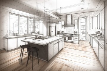 Beautiful kitchen project in different stages from conception to construction, generative ai