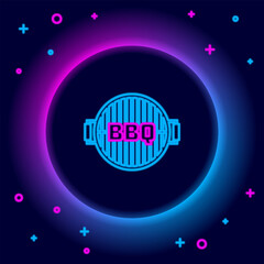 Poster - Glowing neon line Barbecue grill icon isolated on black background. Top view of BBQ grill. Steel grid. Colorful outline concept. Vector