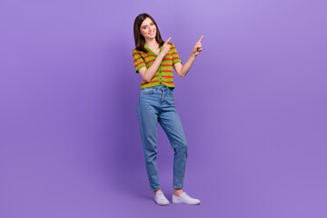 Wall Mural - full length photo of positive glad lady wear stylish clothes two arm direct empty space special offe