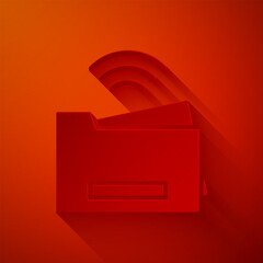 Poster - Paper cut Smart printer system icon isolated on red background. Internet of things concept with wireless connection. Paper art style. Vector