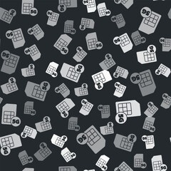 Poster - Grey 5G Sim Card icon isolated seamless pattern on black background. Mobile and wireless communication technologies. Network chip electronic connection. Vector