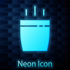 Sticker - Glowing neon Coffee cup icon isolated on brick wall background. Tea cup. Hot drink coffee. Vector