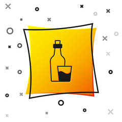 Sticker - Black Soju bottle icon isolated on white background. Korean rice vodka. Yellow square button. Vector