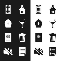 Sticker - Set Martini glass, Pope hat, Mobile Apps, Information desk, Passport and Trash can icon. Vector