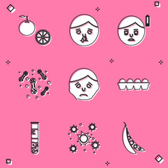 Sticker - Set Orange fruit, Runny nose, Fatigue, Bacteria, Inflammation on face, Chicken egg in box, Test tube and flask and icon. Vector