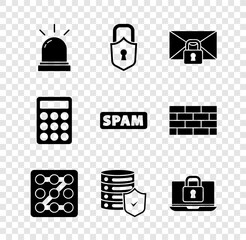 Poster - Set Motion sensor, Lock, Mail message lock password, Graphic protection, Server with shield, Laptop and, Password and Spam icon. Vector