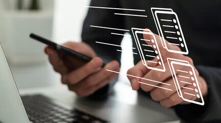 Poster - business background technology hologram business icon virtual screen. A man typing hologram screen. technology virtual screen laptop, document, cloud office storage