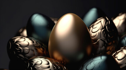 Wall Mural - Golden egg among the black eggs. Concept of luxury. 3D illustration, Bright color. Generative Ai