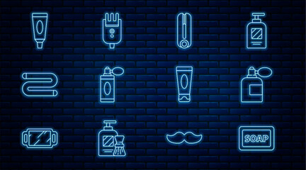 Wall Mural - Set line Bar of soap with foam, Aftershave bottle atomizer, Curling iron for hair, Towel, Cream lotion cosmetic tube, and Electrical clipper shaver icon. Vector