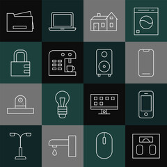 Poster - set line bathroom scales, smartphone, house, coffee machine, safe combination lock, printer and ster