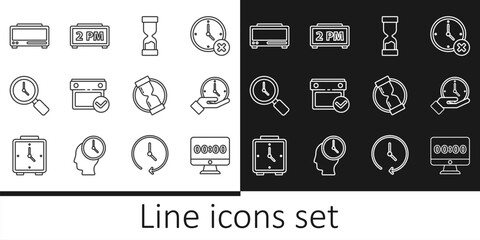 Poster - Set line Clock on monitor, Old hourglass, Calendar with check mark, Magnifying clock, Digital alarm, and icon. Vector