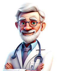 Smiling senior doctor character isolated on white background. Postproducted generative AI illustration.