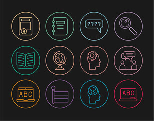 Sticker - Set line Chalkboard, Two sitting men talking, Speech bubbles with Question, Earth globe, Open book, Exam sheet A plus grade, Head gear inside and Notebook icon. Vector