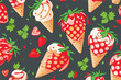 Vector background with red berries of strawberries and 
strawberry ice cream in a waffle cup.