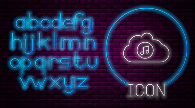 Glowing neon line Music streaming service icon isolated on brick wall background. Sound cloud computing, online media streaming, song, audio wave. Neon light alphabet. Vector