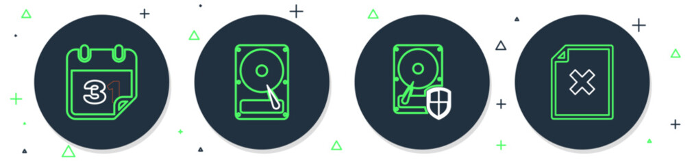 Poster - Set line Hard disk drive HDD, protection, Calendar and Delete file document icon. Vector