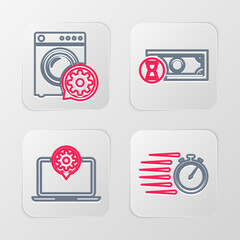 Poster - Set line Stopwatch, Laptop setting, Fast payments and Washer icon. Vector