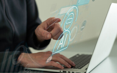 Poster - Automation Software Technology Process System Business concept. young entrepreneur working on a virtual screen of the future and sees the inscription: Automation. Artificial intelligence (AI).