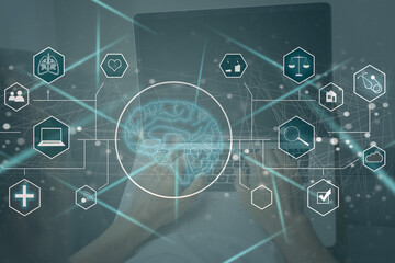 Aufkleber - Manager Technical Industrial Engineer working and control robotics with monitoring system software and icon industry network connection on tablet. AI, Artificial Intelligence.