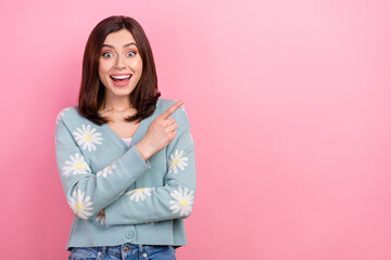 Wall Mural - photo of shocked cute lady direct finger empty space advertise novelty product wear print cardigan i