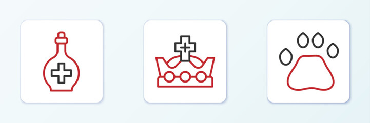 Poster - Set line Bear paw footprint, Bottle with potion and King crown icon. Vector