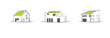 Set Icons, minimalistische Darstellung von Häusern mit Solaranlage.  Giebel- , Pult-,  Flachdach mit Solarpaneelen. Vektor Zeichnung