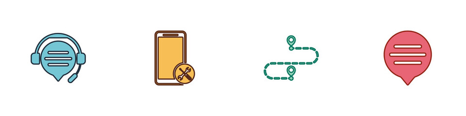 Poster - Set Headphones with speech bubble chat, Mobile service, Route location and Speech icon. Vector