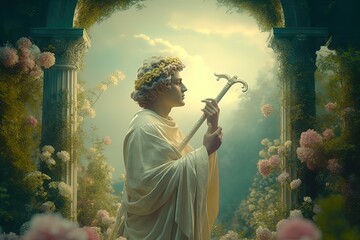 Hypnos, The Greek God, King of the Dream, he is gracious and charming, he playing a flute in Elysium, the paradise garden of heaven, generative ai