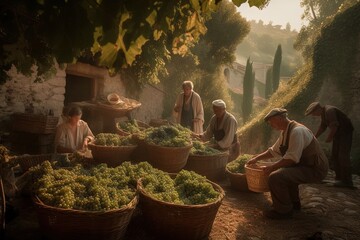 The harvesting of wine grapes. People work on a winery field. Vineyard landscape with grape tree field and winery villa on background. Generative AI