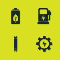 Sticker - Set Eco nature leaf and battery, Gear lightning, Fluorescent lamp and Electric car charging station icon. Vector