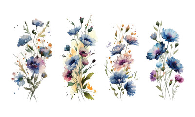 set watercolor wild flowers, leaves and grass. collection botanic garden elements. vector isolated i