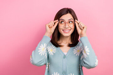 Poster - Photo of shiny tricky lady wear turquoise clothes arms spectacles looking empty space isolated pink color background