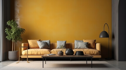 Interior mockup dark blue wall with yellow sofa and decor in living room. Generative Ai