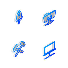 Poster - Set Isometric line FTP folder download, Rocket ship with fire, Two crossed hammers and Computer network icon. Vector