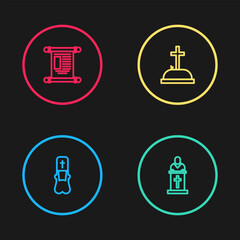 Sticker - Set line Priest, Church pastor preaching, Tombstone with cross and Decree, paper, parchment, scroll icon. Vector