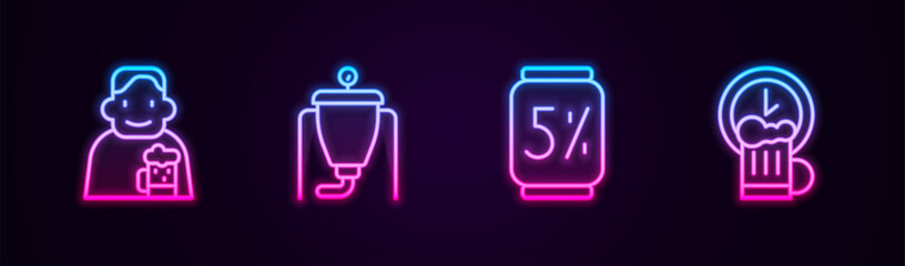 Canvas Print - Set line Happy man with beer, Beer brewing process, can and hour. Glowing neon icon. Vector