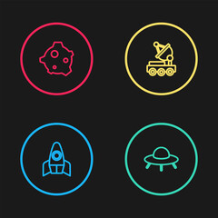 Poster - set line rocket ship, ufo flying spaceship, mars rover and asteroid icon. vector