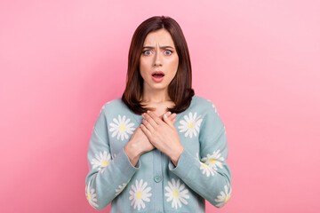 Canvas Print - Photo of pretty shocked woman dressed teal outfit open mouth arms chest isolated pink color background