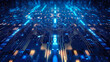 Technology circuit board background illuminated by blue light. Postproducted generative AI illustration.