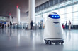 passenger assistant robot at an international airport with a lovely face and eyes in the shape of two hearts. the concept of a new technology of the future Generative AI