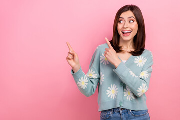 Wall Mural - portrait charming promoter girl showing news information sale prices black friday banner poster isol